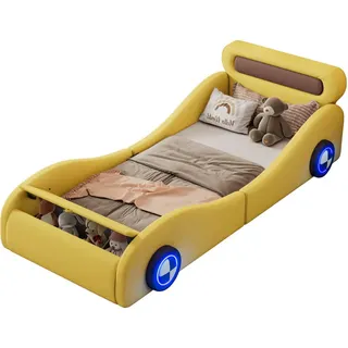 Flieks Polsterbett 90x200cm Gelb PU Autobett leuchtende Räder Stauraum , Holz , Babymöbel & Kindermöbel, Kinderzimmer & Jugendzimmer, Kinderbetten, Spielbetten