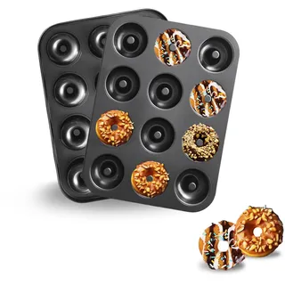 JSJMOFA 2 Stück Donuts Backform mit 12 Mulden, Donutform mit Antihaftbeschichtung, Hochwertige Donut Backform für Donut, Kuchen, Bagels, Dessert (Schwarz)