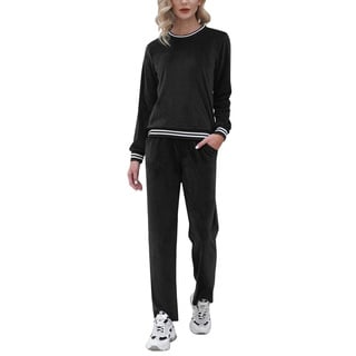 Doaraha Damen Loungeanzug Velours Pyjama Samt Freizeitanzug Modischer Hausanzug Bequemer Rippkragen Oberteil+Sportswear-Hose für Frühling, Herbst und Winter, Schwarz, XXL