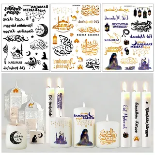 Kerzentattoos Ramadan Deko, 3 Stück A5 Ramadan Sticker Kerzenfolie, Ramazan Dekor Aufkleber Deko, Wassertransferdruck Folie, DIY Kerzen Tattoo Ramadan Geschenke Kerzendekoration Kerzentattoo