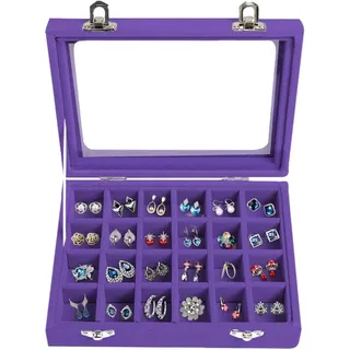 24 Fächer Damen Schmuckkasten Schmuck Box Schmuckkoffer Schmuckständer Aufbewahrungsbox für Ringe Ohrringe Halskette (Lila)