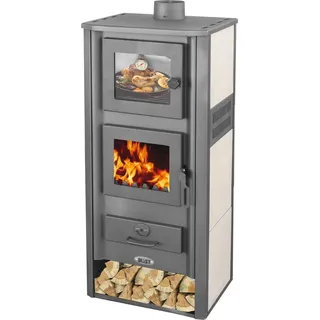 Kaminofen mit Backfach Weiß Holzofen 12,1 kW Kamin Ambasador Ofen Dauerbrandofen Werkstattofen Schwedenofen Hüttenofen Heizofen - Grau