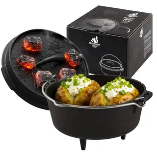 Feuergott Dutch Oven 1,5L mit Füßen – Gusseiserner Feuertopf für Lagerfeuer, Dreibein, Bushcraft, Camping, Outdoor Küche – Mini Schmortopf für Schichtfleisch, Brot, Beilagen, Trekking, Glut, Grill