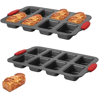 Hejo 2 Stück Mini Brötchen Backform, 8 Mulden Aus Karbonstahl Mini-Kastenform mit Silikongriff, BPA-frei Antihaft Brötchenbackform für Brownie, Bananenbrot, Käsekuchen(Schwarz)