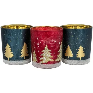 khevga Windlicht Weihnachten Winter aus Glas im Set Schwarz Weiß Gold Silber (Blau_Rot_Tanne, 3er Set)
