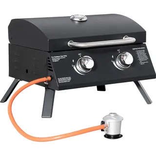 Tischgrill Mobiler Gasgrill Bbq Mit 2 Brennern, Grillnetz, Outdoor, Edelstahl, Schwarz, 55X46,5X41Cm, Klein, Picknick