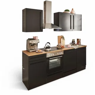 Stella Trading Jazz 8 Moderne Küchenzeile mit Elektrogeräten in Schwarz matt, Lanzelot Eiche Optik - Geräumige Einbauküche mit viel Stauraum - 220 x 212 x 60 cm (B/H/T)