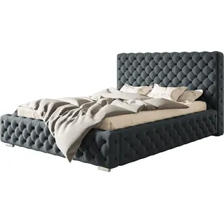 Polsterbett Miami mit Kopfteil, 180x200 cm, Doppelbett mit Bettkasten und Lattenrost aus Holz, Velourstoff, Farbe: Dunkelgrau - Dunkelgrau