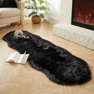 JXLOULAN Faux Fell Lammfell Teppich Schwarz 60x160 cm Waschbar, Weicher Flauschiger Longhair Schaffell Teppich für Wohnzimmer Deko Stühle Sofa Schlafzimmer