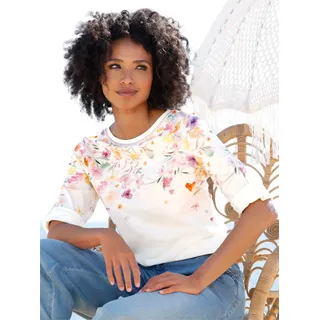 3/4-Arm-Shirt HEINE "Shirt", Damen, Gr. 36, bunt (ecru, orange, bedruckt), 100% Baumwolle, bedruckt, geblümt, gemustert, mehrfarbig, Rundhals, Shirts 3/4-Arm-Shirt