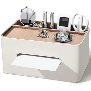 KINGFOM Taschentücher Box mit 2 Fächern, PU Leder Taschentuchbox Kosmetiktücherbox, Multifunktionale Tissue Box Tücherbox mit Ablage, Schreibtisch Organizer für Büro, Zuhause, Badezimmer (Beige)