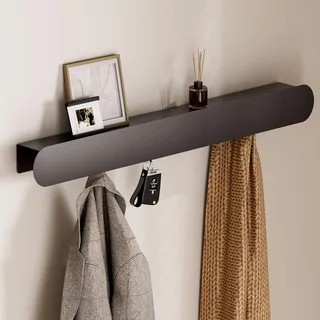 Yorbay Schlicht Moderne Metall Wandgarderobe: Garderobe mit 6 Versteckten Haken und Ablage - Hängeregal mit Garderobenhaken - Schlüsselbrett Garderobenleiste für Flur Wohnzimmer Schlafzimmer (Schwarz)