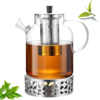 1,8L Teekanne aus Borosilikatglas mit Siebeinsatz, Stövchen & Deckel – Spülmaschinenfeste Glasteekanne für losen Tee Teebeutel Fruchttee, Hält lange warm (1800ml,spülmaschinenfest)