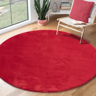 The CarPET Relax Moderner Flauschiger Kurzflor Teppich, Anti-Rutsch Unterseite, Waschbar bis 30 Grad, Super Soft, Felloptik, Rot, 200 x 200 cm Rund