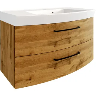 Waschtischunterschrank inkl. Waschbecken 100 cm breit MORISSON-03 in Wotan Eiche Nb. mit gebogener Front, B/H/T: ca. 100/59/50 cm - Braun