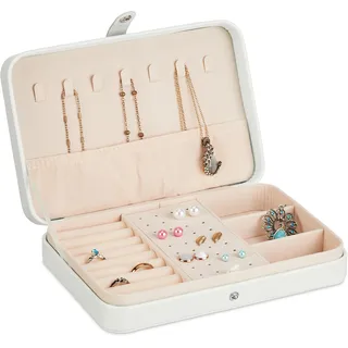 Relaxdays Schmuckkästchen, Schmuckaufbewahrung, Ringe, Ohrringe & Ketten, Reise Schmucketui, HBT: 4,5x21x14,5 cm, weiß