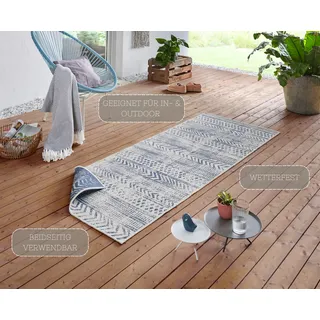 HANSE HOME NORTHRUGS In- und Outdoor Teppich Biri 80x350cm - Wendeteppich Wetterfest Boho Style Vintage Design Läufer für Balkon Terrasse Garten Wintergarten Wohnzimmerteppich Wasserfest in Blau Creme
