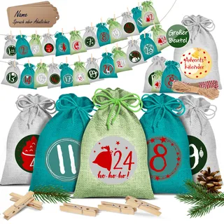 KESSER® Adventskalender zum Befüllen 24 Jutebeutel Gedruckte Stoffbeutel Kinder Weihnachtskalender zum Selber Befüllen Inkl.. 24x Schildchen + 1 Großer Aufbewahrungsbeutel Stoff - Grün