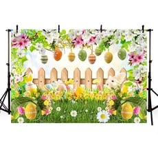 MEHOFOND Fotohintergrund für Frühling/Ostern, 2,1 x 1,5 m, buntes Ei, Blumenzaun, grünes Grasland, Garten, Party, Banner, Dekoration, Fotostudio-Zubehör