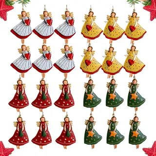 24 Stück Holz Weihnachtsengel Anhänger, Doppelseitig Gemustert Christbaumschmuck mit Bindeschnur - Für Weihnachten Anhänger Dekoration an Fenster & Weihnachtsbaum (Set-B)