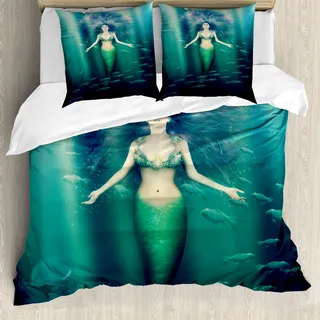 ABAKUHAUS Meerjungfrau Bettbezug, Unterwasserleben, Milbensicher Allergiker geeignet mit Kissenbezügen, 200 cm x 200 cm - 80 x 80 cm, Grün Aqua Lila