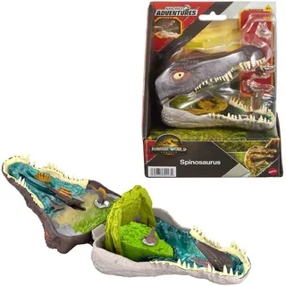 Mattel Jurassic World: Die Wiedergeburt, kleines Abenteuer-Spielset, Spinosaurus-Kopf öffnet sich, 4 interaktive Funktionen, 3 kleine Figuren, Dinosaurier-Spielzeug, JGB98