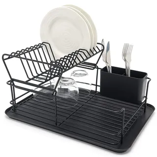 simplywire – Zweistufiges Geschirr-Abtropfgestell – Abnehmbares Trockengestell für Teller und Besteck – Schwarz