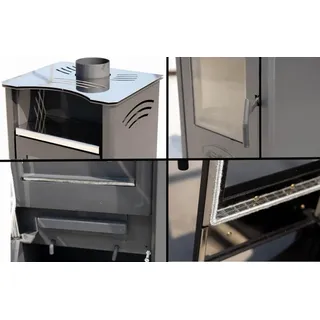 EEK A Kaminofen ABC Quadro Inox Holzofen 9,5 kW mit Mehrfachbelegung Kamin Ofen Holz Holzofen Werkstattofen Heizofen - Schwarz, Silber