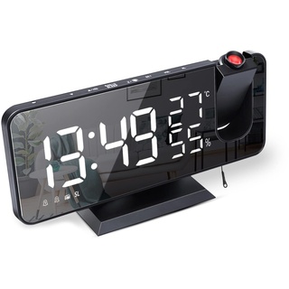 Wecker mit Projektion Radiowecker-Digitaler Projektionswecker mit USB-Anschluss, 7.5'' großes Spiegel-LED-Display,Snooze Dual-Alarm,FM Radio,4 Displayhelligkeit mit automatische Dimmfunktion (Schwarz)