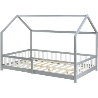 [en.casa] Hausbett ‘Hesel’ für Kinder mit Rausfallschutz Lattenrost 120 x 200 cm Grau - Grau