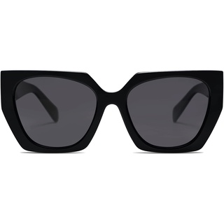 SOJOS Sonnenbrille Damen Polarisiert Vintage, Retro Cateye Sonnenbrille Verspiegelt Groß Eckig Schwarz Modern UV400 Katzenauge Brille SJ2205 mit Schwarz Rahmen/Schwarz Linse