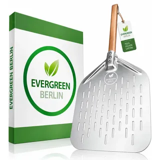 EVERGREEN BERLIN® Pizzaschieber perforiert 30×30×67 cm - Pizzaschaufel | DAS ORIGINAL - Pizzaheber aus Alu und Buchenholz - Pizza Passion Pizzaofen - Pizzawender - Pizza Schieber - Pizza Peel