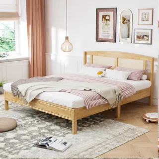 Flieks Jugendbett Doppelbett 160x200cm, Klassisches Bett mit Rattankopfteil, Holzbett Kinderbett Gästebett mit Lattenrost, Naturbelassen - Naturbelassen