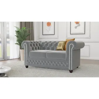 s-style möbel Chesterfield-Sofa Chesterfield Lena 2 sitzer mit Schlaffunktion aus Samt-Stoff, 2-Sitzer mit Schlaffunktion, mit Wellenfederung grau