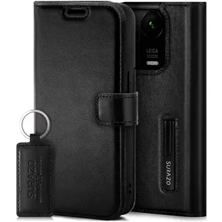 SURAZO Premium Handyhülle für Xiaomi 13 Pro 5G Hülle Leder – Klappbare Echtleder Schutzhülle [Magnet, Kartenfach, RFID Schutz, Standfunktion] Klapphülle Wallet Case Cover Lederhülle (Schwarz)
