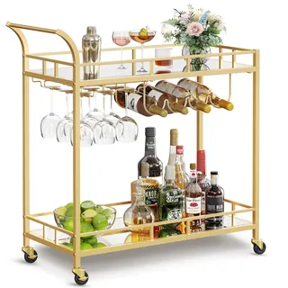 VASAGLE Servierwagen, Rollwagen, Gläserhalter, 2 verspiegelte Glasablagen, Barwagen, Weinwagen, für Küche, Esszimmer, Bar, goldfarben LRC090A03