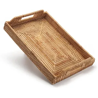 XIMISISE Rechteckige Rattan Serviertablett, Handgewebtes Serviertablett mit Griffen, Wicker Servierkorb, Dekoratives Tablett für Küche, Wohnzimmer (43 x 29 x 4.5 cm)