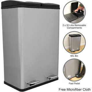 MonsterShop Doppel Abfalleimer 60 l Silber