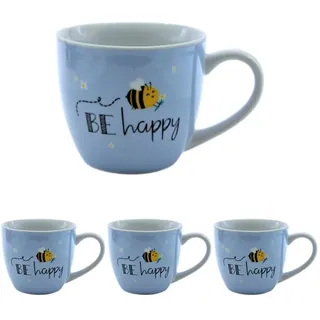 Maxi-XXL Kaffeebecher/Tasse aus Porzellan, XXL Kaffeepot, Motiv: Biene, BE happy, Größe H/Ø: 9,2 x 10,5 cm, Fassungsvermögen 400 ml, Spülmaschinengeeignet. (Packung mit 4)