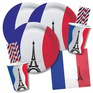 84-teiliges Party-Set Frankreich - Teller Becher Servietten Trinkhalme für 20 Personen