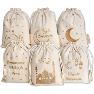 Papierdrachen 6 Geschenksäckchen zum Befüllen und Verschenken zum Zuckerfest - beige farbene Säckchen mit goldener Bestickung - in Größe 13x18cm - einzigartige Geschenkidee - Set 10