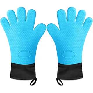 Hitzebeständige Silikon-Ofenhandschuhe für Grill, Backofen und Kamin, lang, blau