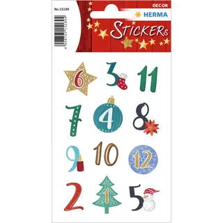 HERMA 15189 Aufkleber Zahlen 1-24 Glitzer, 24 Stück, Weihnachten Sticker mit Weihnachtskugel Sterne Motiv, Nummer Ziffer Klebezahlen Etiketten für Weihnachtsdeko Adventskalender Dekoration DIY Basteln