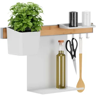 Tesa Küchen-Organizer Kombi-Set S - selbstklebende Küchenleiste mit Kräutertopf, 2 Ablagen, Hakenleiste - Bambus/Weiß