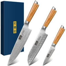 HOSHANHO Damastmesser Set 3 teiliges, Profi 67 Schichten Damaststahl Damastmesser Küchenmesserset, 20cm Kochmesser & 18cm Santoku Messer & 9.5cm Schälmesser