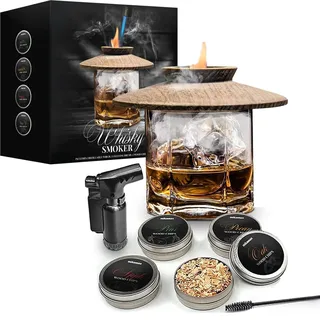 MikaMax Whiskey Smoker Set – Cocktail Smoker für geräucherten Whiskey, 4 Aromen Räucherchips, Mit Düsenfeuerzeug, Holz und rostfreier Stahl – Vatertagsgeschenk, Cocktail Zubehör für Whiskey, Bourbon