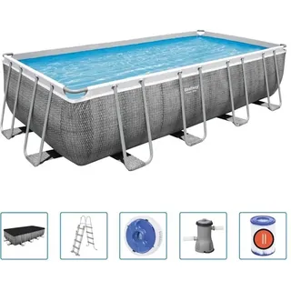 Power Steel Frame Pool Set 488 x 244 x 122 cm inkl. Filterpumpe grau Rattanoptik