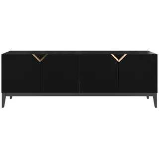 Visby Sideboard Demi Long, Schwarz-Gold, Mit Gefrästen Fronten, Massive Buche , Buchenholz , 201.5x70x42 cm , Kleinmöbel, Kommoden, Sideboards