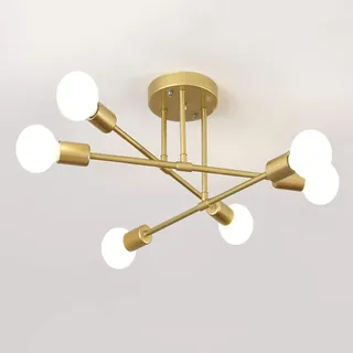 wenppran Leuchter Retro ein Sputnik Schlafzimmer Halb versenkt Industriell Deckenleuchte Metall E27 Modern Gold 6 Lichter Einplattieren Deckenleuchte zum Wohnzimmer Schlafzimmer