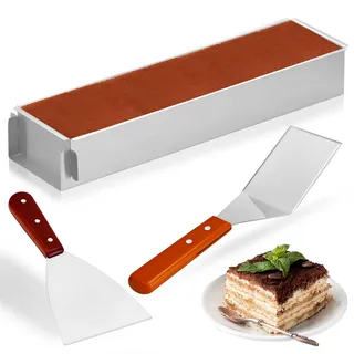 OUZHOU Backrahmen Rechteckig Verstellbar Tiramisu Form, Kuchenform Eckig mit Abnehmbarem Schallwand und 2 Schabern, Edelstahl Backform Rechteckig Leicht Reinigen für Tortenzubereitung Tiramisu Brownie